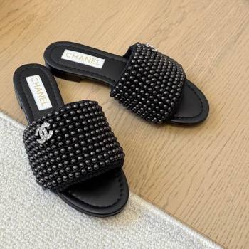 Chanel Pearls Flat Slides Sandal Black 2025 CH030302 (MD-250303004)