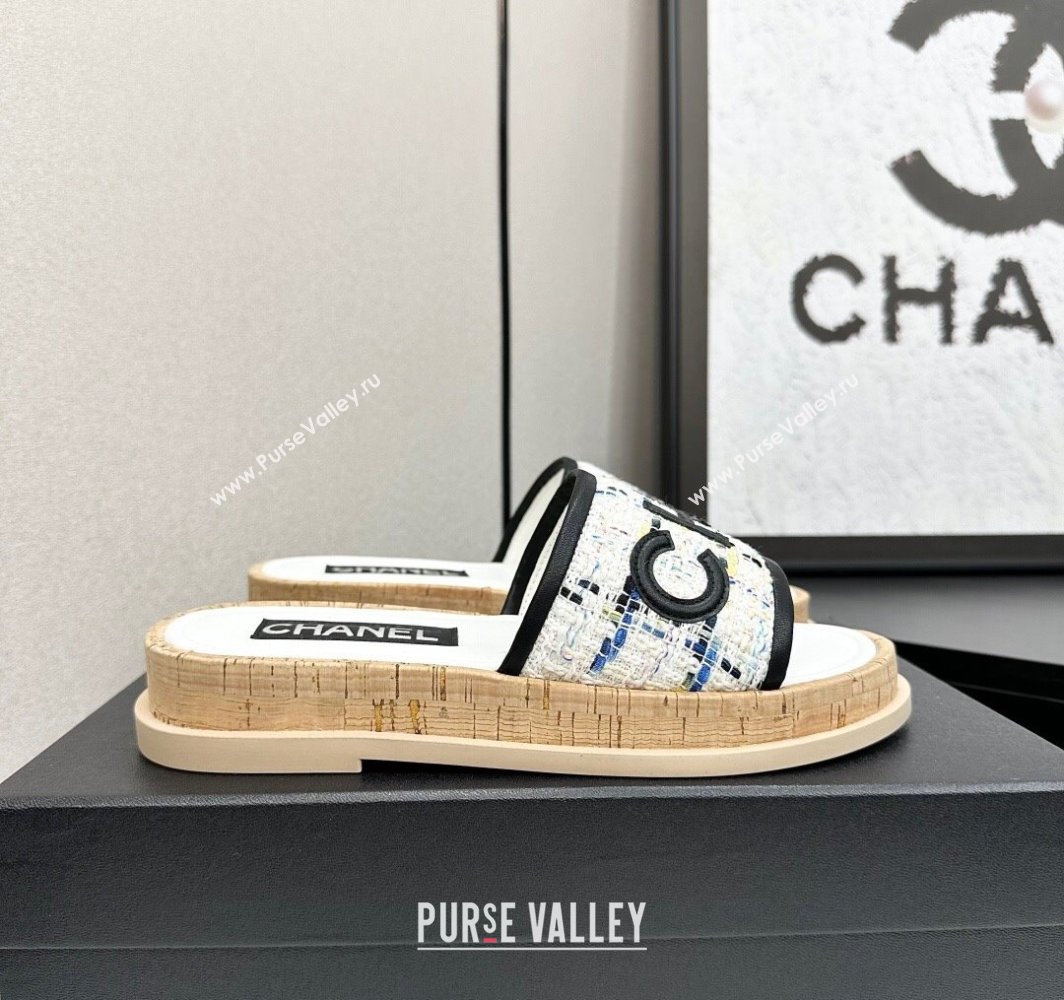 Chanel Tweed Flat Slides Sandal with Letters White/Black2 2025 CH030303 (MD-250303006)