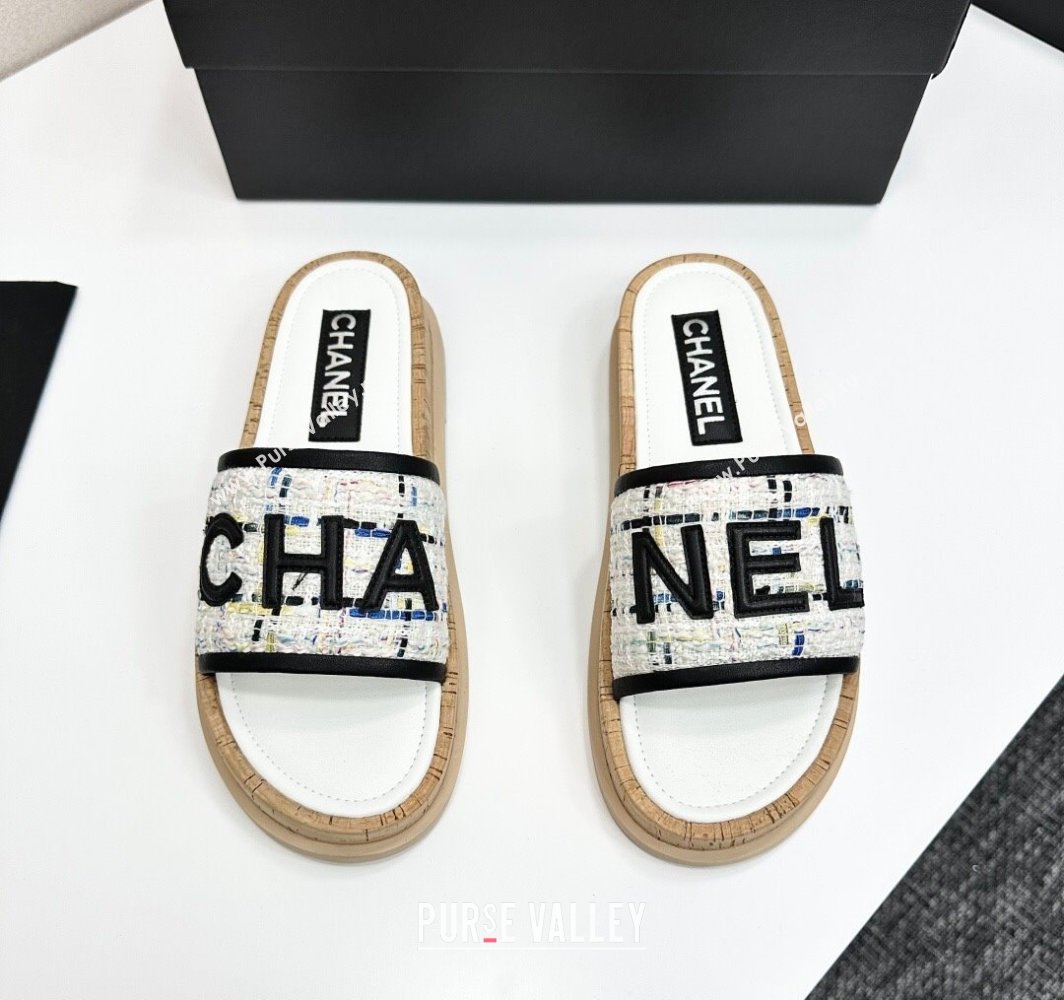 Chanel Tweed Flat Slides Sandal with Letters White/Black2 2025 CH030303 (MD-250303006)