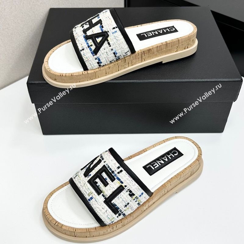 Chanel Tweed Flat Slides Sandal with Letters White/Black2 2025 CH030303 (MD-250303006)