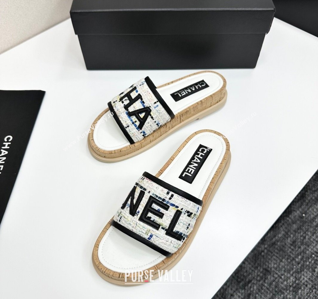 Chanel Tweed Flat Slides Sandal with Letters White/Black2 2025 CH030303 (MD-250303006)