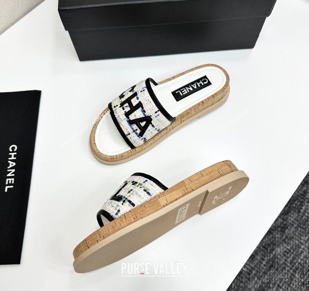 Chanel Tweed Flat Slides Sandal with Letters White/Black2 2025 CH030303 (MD-250303006)