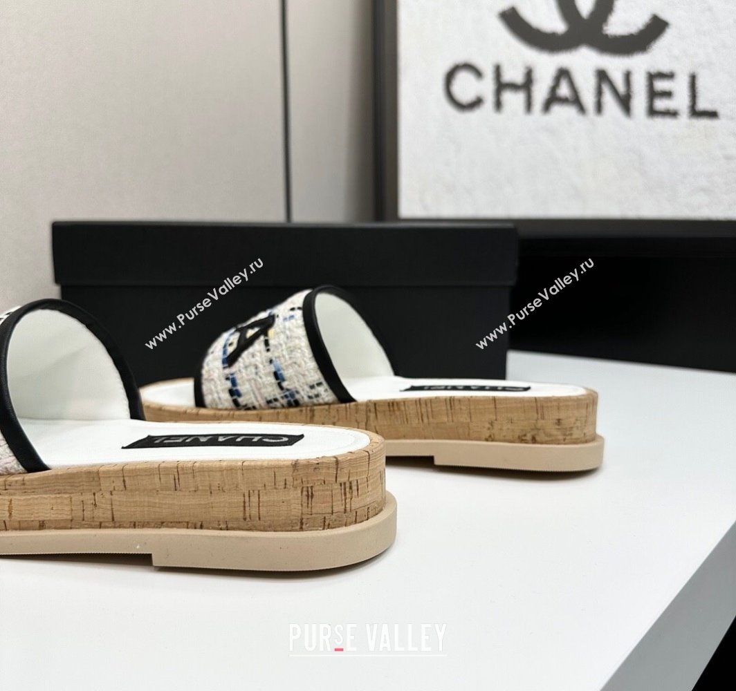 Chanel Tweed Flat Slides Sandal with Letters White/Black2 2025 CH030303 (MD-250303006)