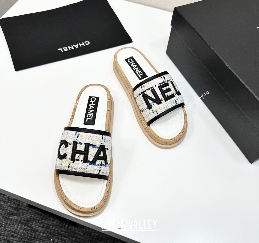 Chanel Tweed Flat Slides Sandal with Letters White/Black2 2025 CH030303 (MD-250303006)