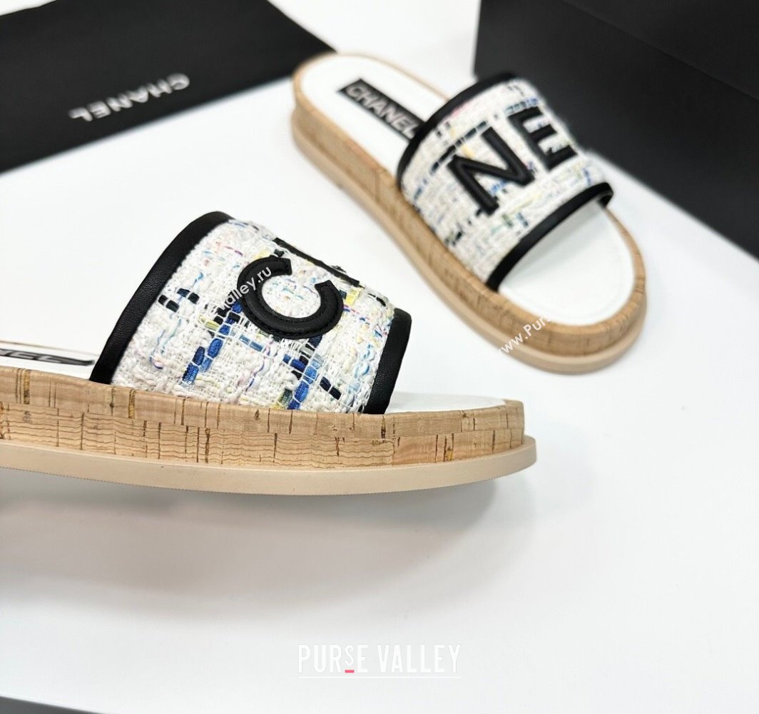Chanel Tweed Flat Slides Sandal with Letters White/Black2 2025 CH030303 (MD-250303006)