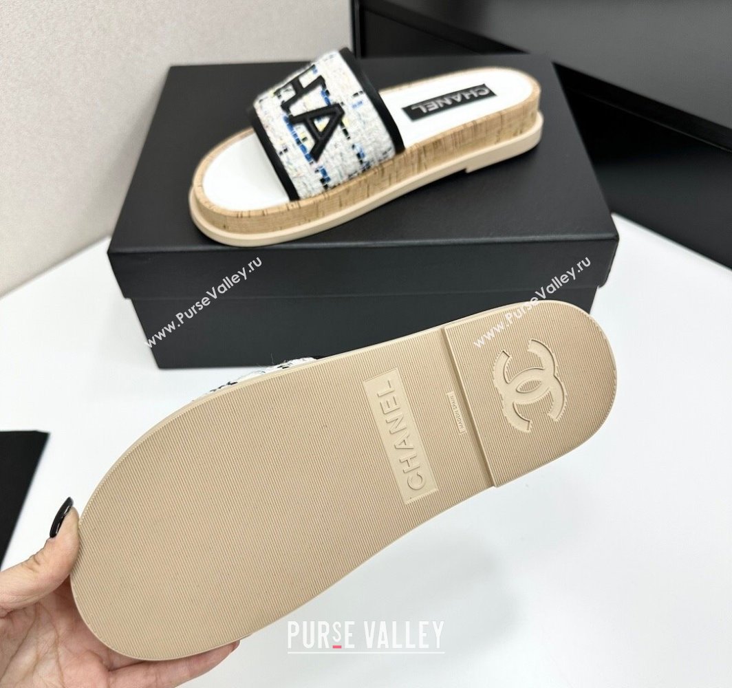 Chanel Tweed Flat Slides Sandal with Letters White/Black2 2025 CH030303 (MD-250303006)