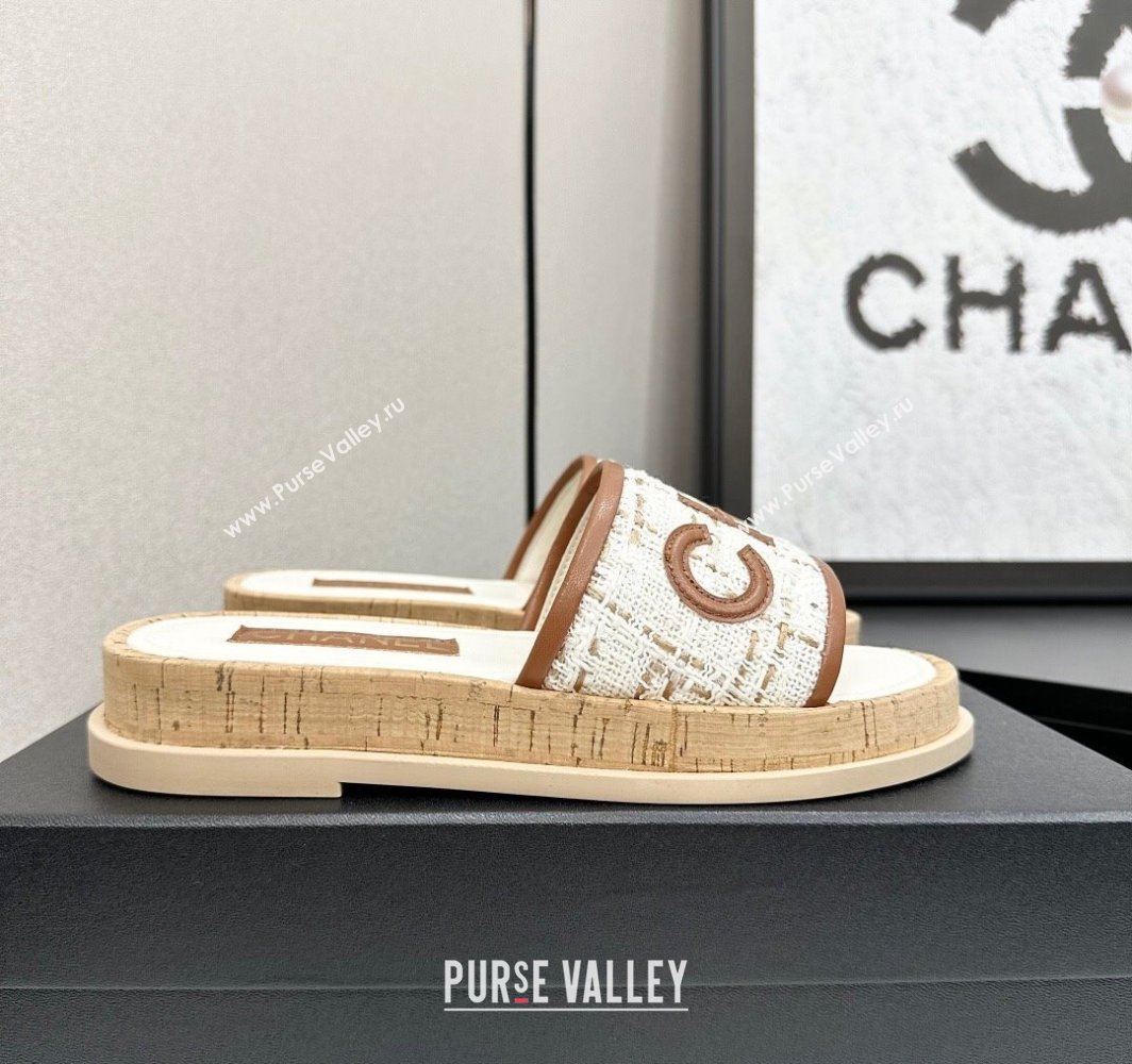 Chanel Tweed Flat Slides Sandal with Letters White/Brown 2025 CH030303 (MD-250303007)