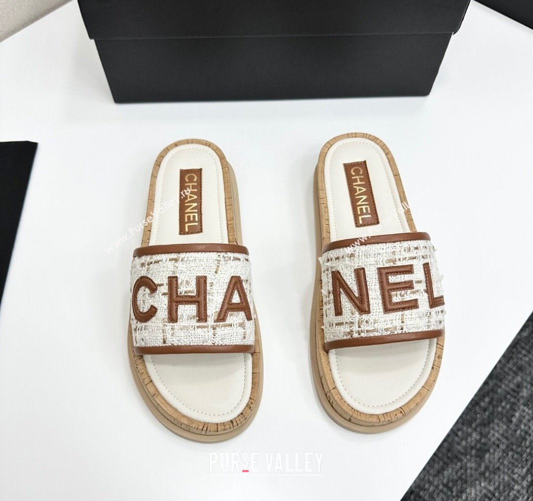 Chanel Tweed Flat Slides Sandal with Letters White/Brown 2025 CH030303 (MD-250303007)