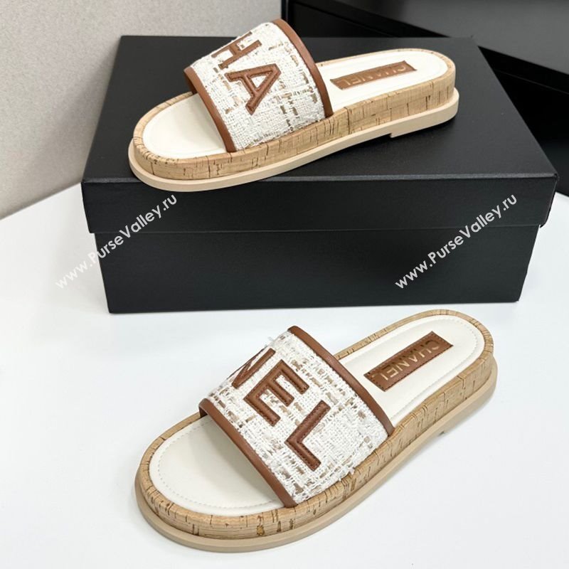 Chanel Tweed Flat Slides Sandal with Letters White/Brown 2025 CH030303 (MD-250303007)