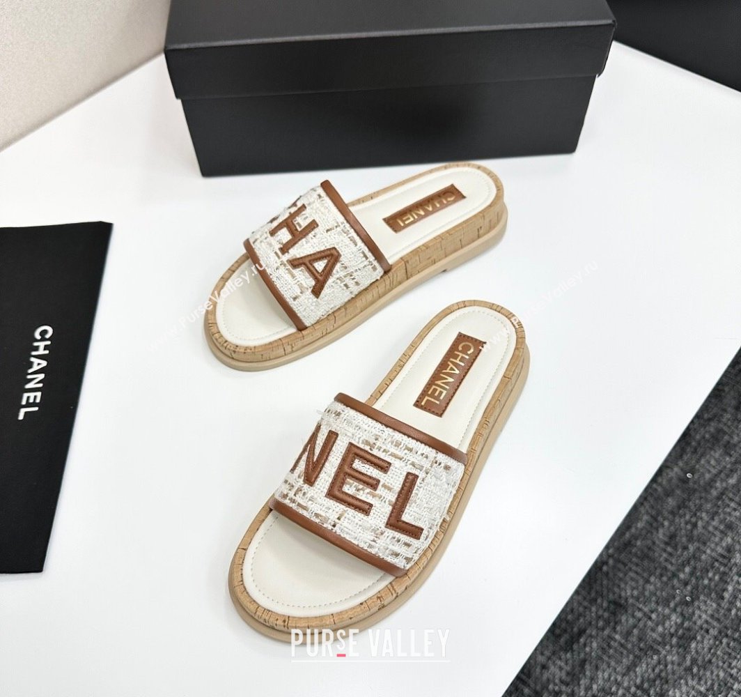 Chanel Tweed Flat Slides Sandal with Letters White/Brown 2025 CH030303 (MD-250303007)