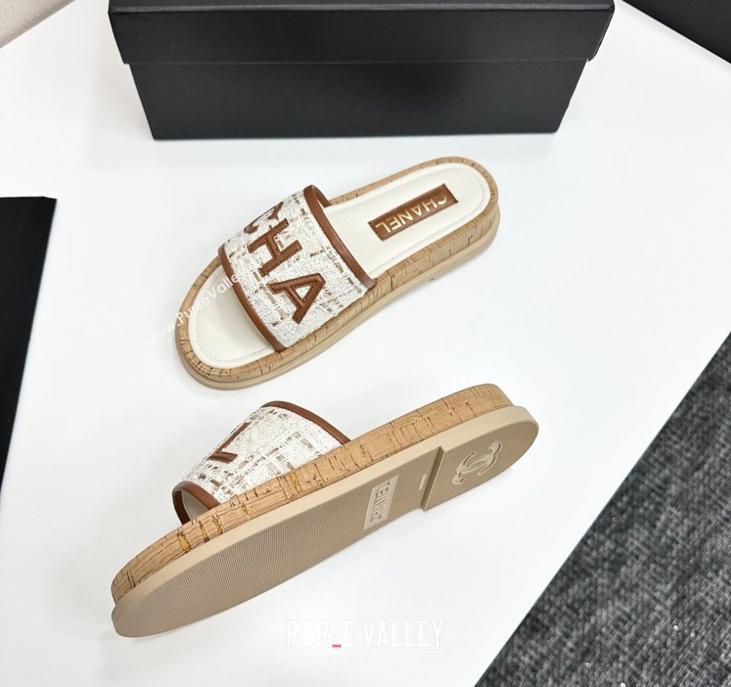 Chanel Tweed Flat Slides Sandal with Letters White/Brown 2025 CH030303 (MD-250303007)