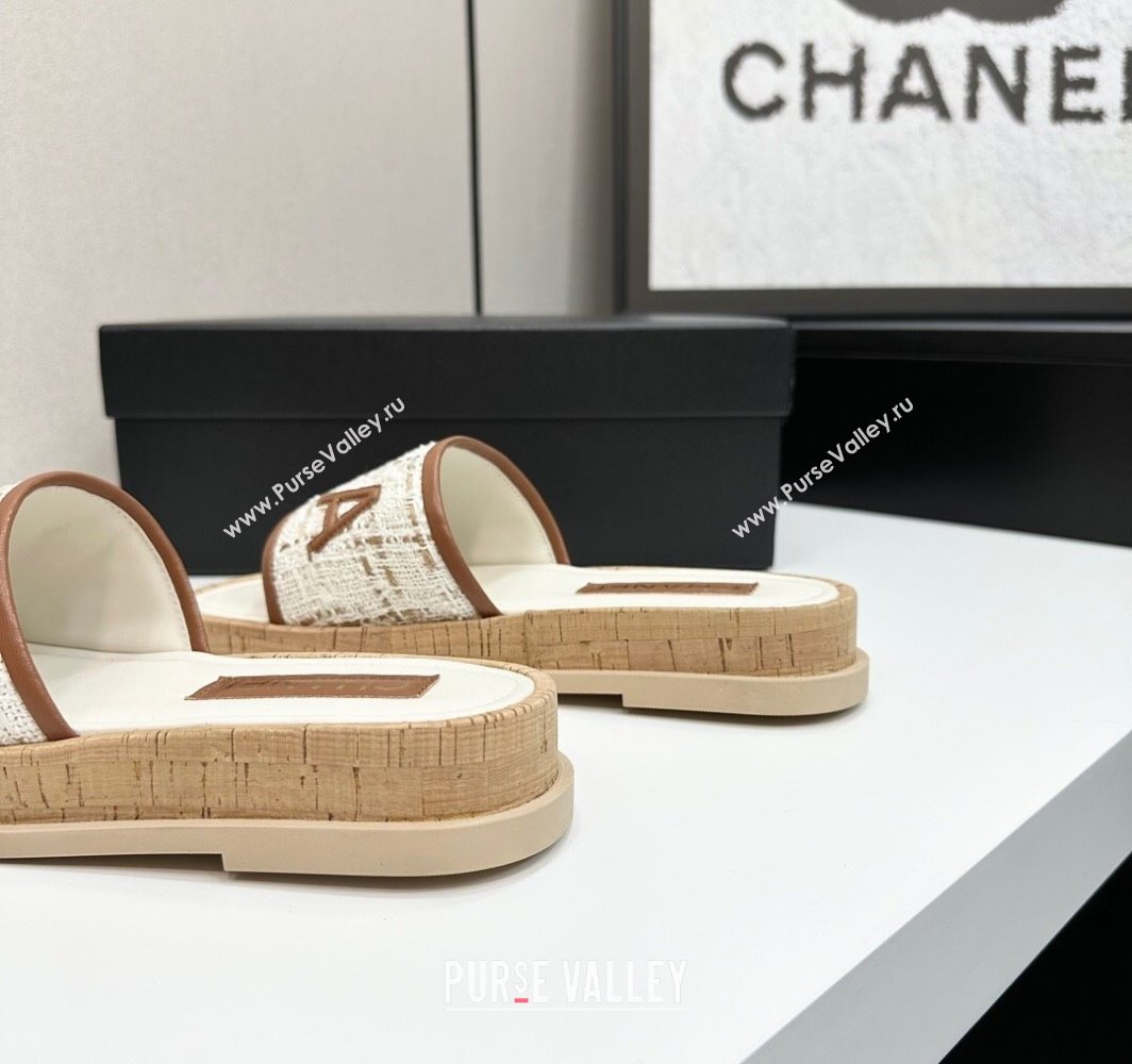 Chanel Tweed Flat Slides Sandal with Letters White/Brown 2025 CH030303 (MD-250303007)