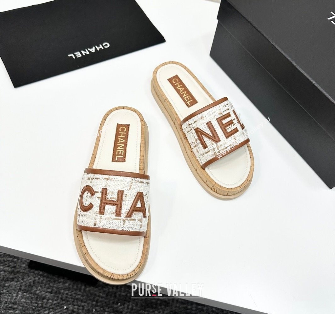 Chanel Tweed Flat Slides Sandal with Letters White/Brown 2025 CH030303 (MD-250303007)