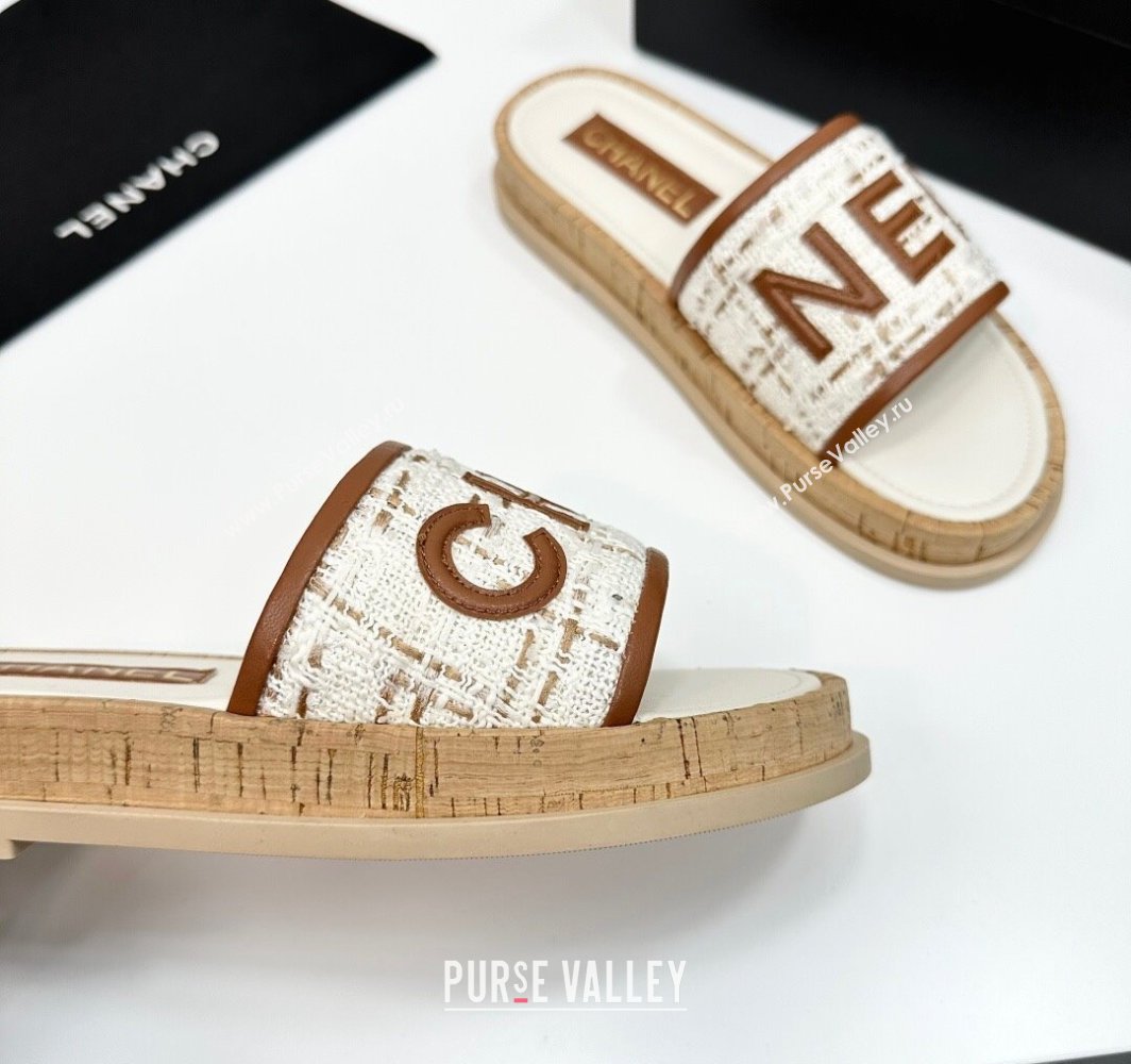 Chanel Tweed Flat Slides Sandal with Letters White/Brown 2025 CH030303 (MD-250303007)