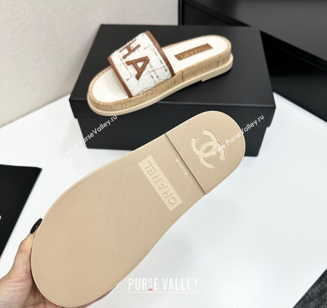 Chanel Tweed Flat Slides Sandal with Letters White/Brown 2025 CH030303 (MD-250303007)