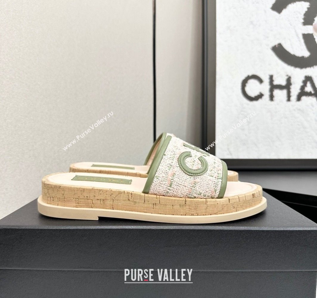 Chanel Tweed Flat Slides Sandal with Letters White/Green 2025 CH030303 (MD-250303008)