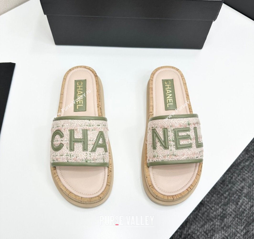 Chanel Tweed Flat Slides Sandal with Letters White/Green 2025 CH030303 (MD-250303008)