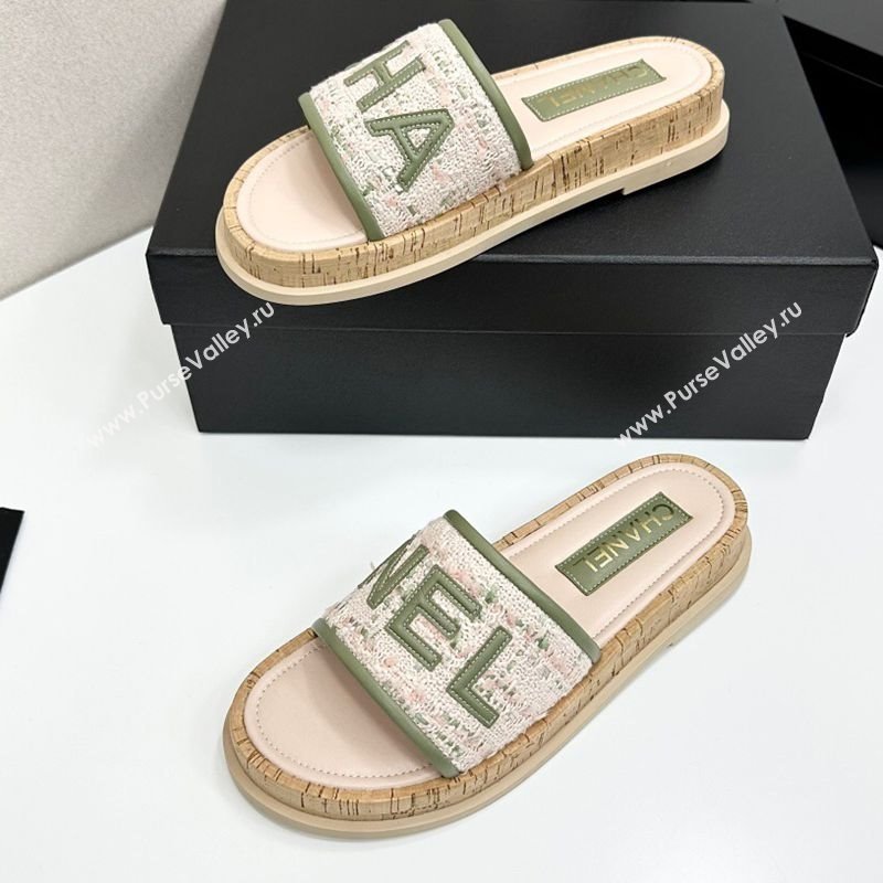 Chanel Tweed Flat Slides Sandal with Letters White/Green 2025 CH030303 (MD-250303008)