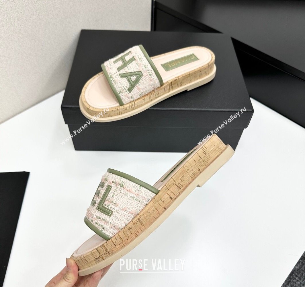 Chanel Tweed Flat Slides Sandal with Letters White/Green 2025 CH030303 (MD-250303008)