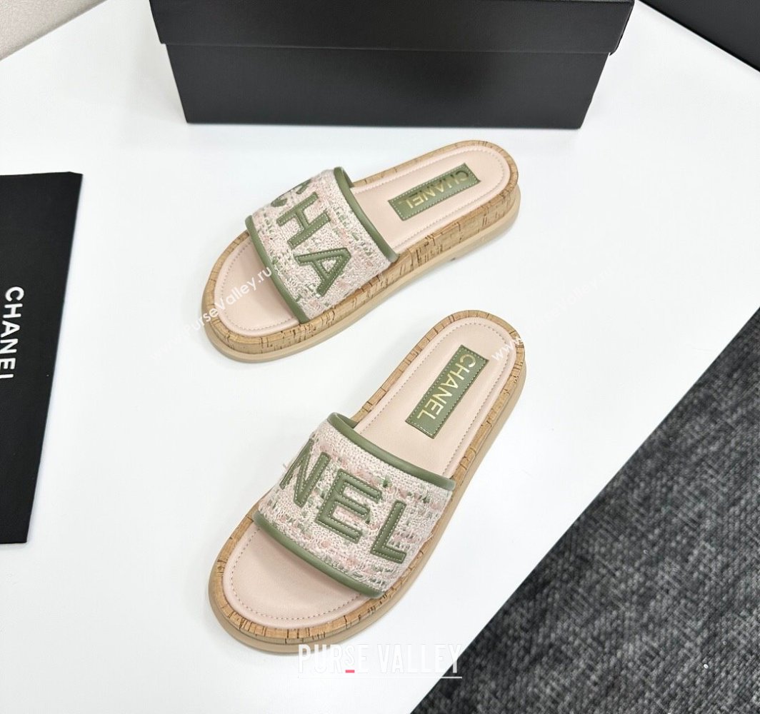 Chanel Tweed Flat Slides Sandal with Letters White/Green 2025 CH030303 (MD-250303008)