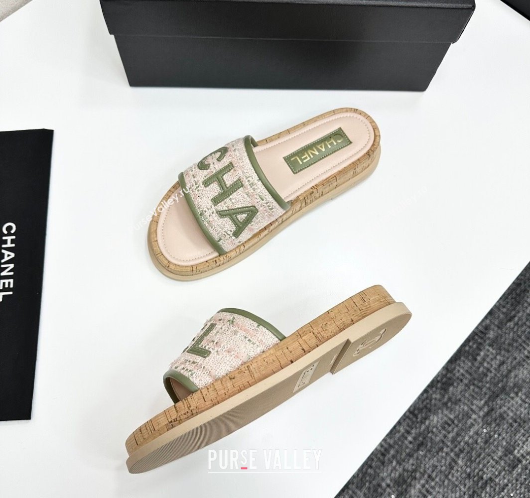 Chanel Tweed Flat Slides Sandal with Letters White/Green 2025 CH030303 (MD-250303008)