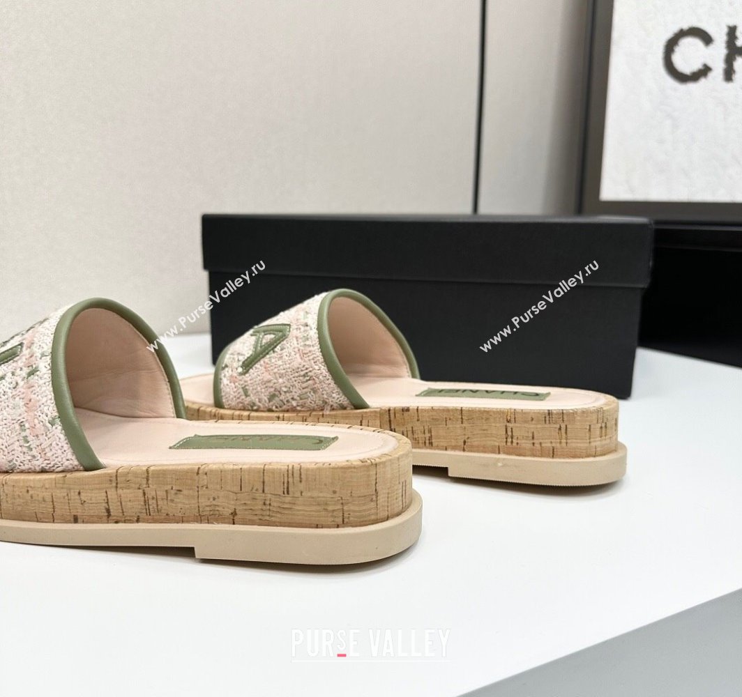 Chanel Tweed Flat Slides Sandal with Letters White/Green 2025 CH030303 (MD-250303008)