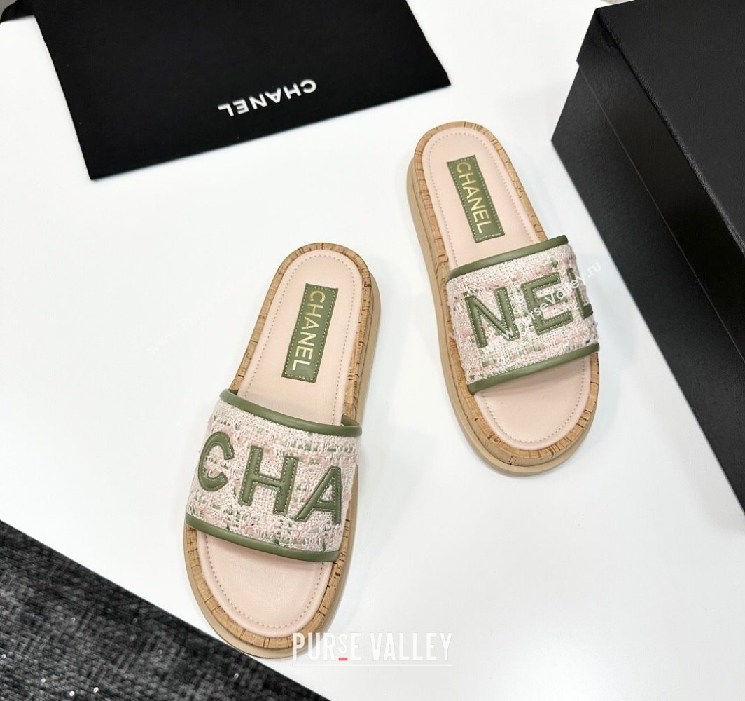 Chanel Tweed Flat Slides Sandal with Letters White/Green 2025 CH030303 (MD-250303008)