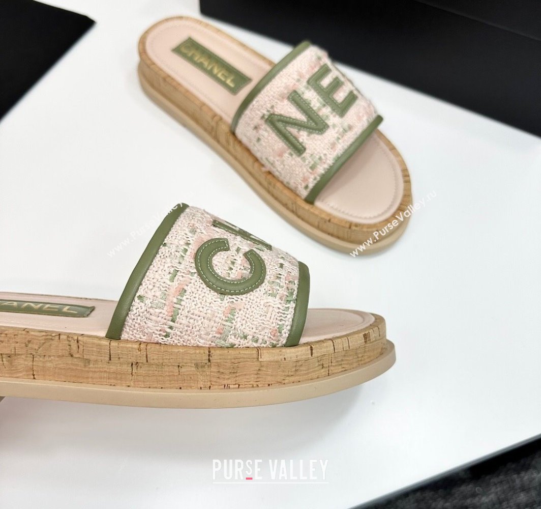 Chanel Tweed Flat Slides Sandal with Letters White/Green 2025 CH030303 (MD-250303008)