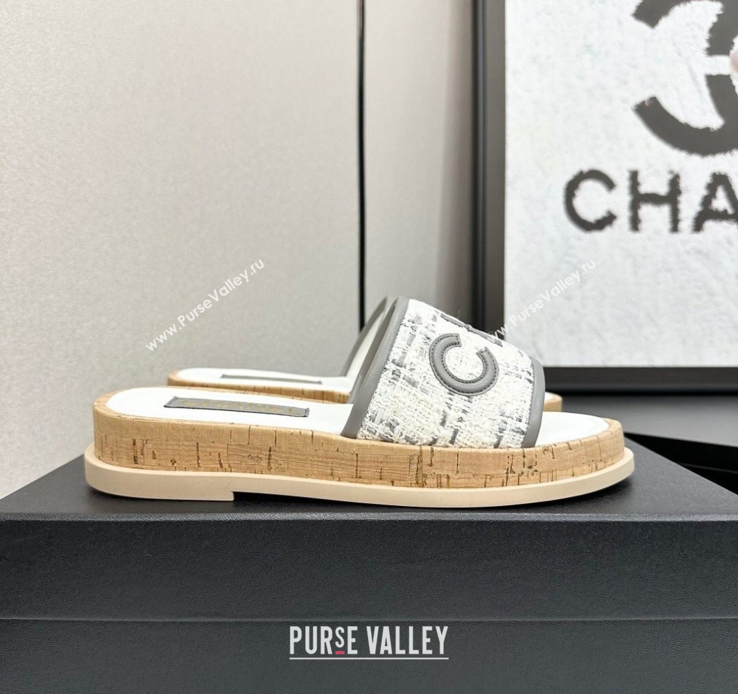 Chanel Tweed Flat Slides Sandal with Letters Grey 2025 CH030303 (MD-250303009)
