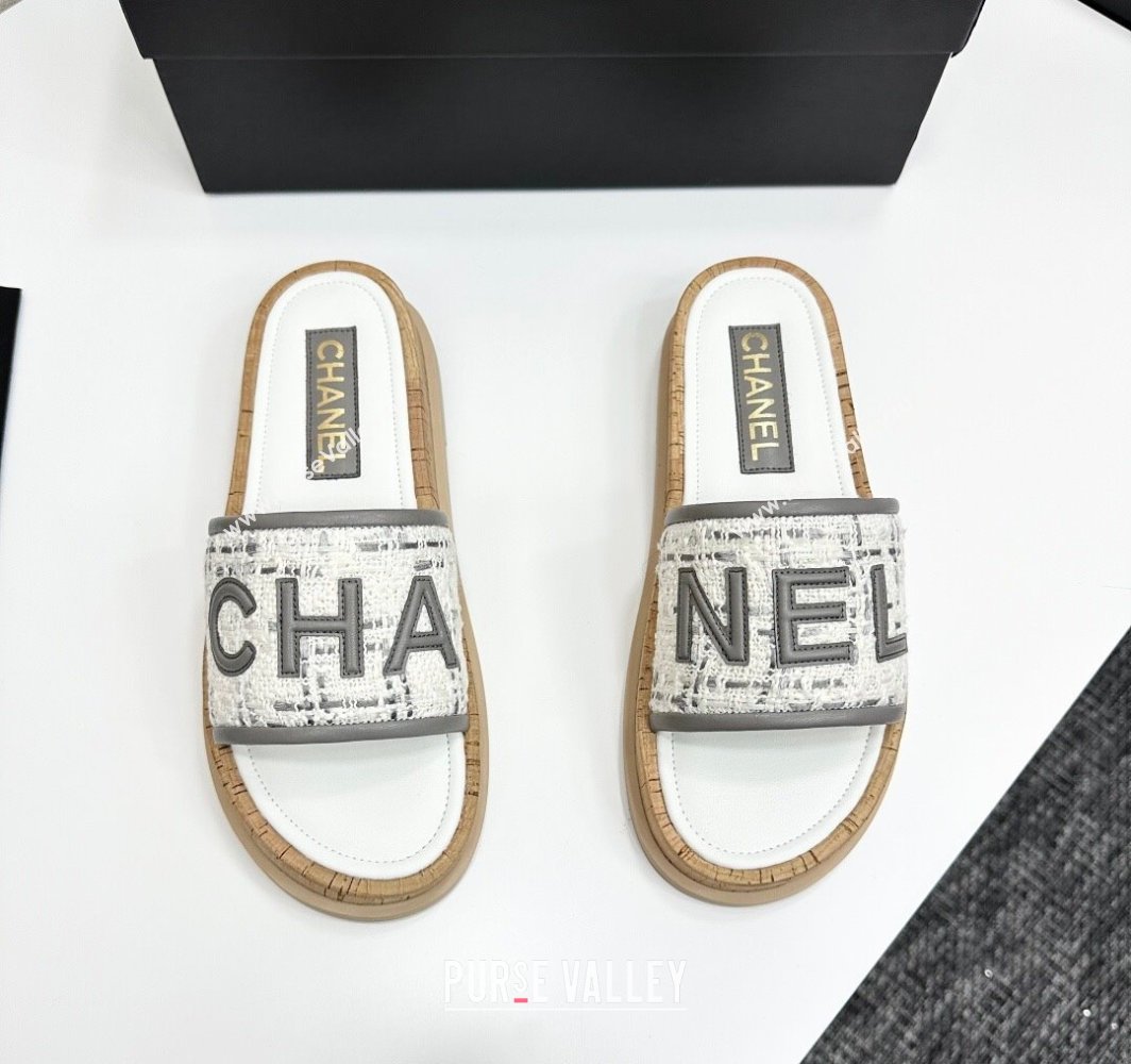 Chanel Tweed Flat Slides Sandal with Letters Grey 2025 CH030303 (MD-250303009)