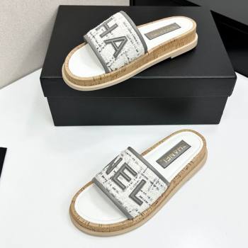Chanel Tweed Flat Slides Sandal with Letters Grey 2025 CH030303 (MD-250303009)