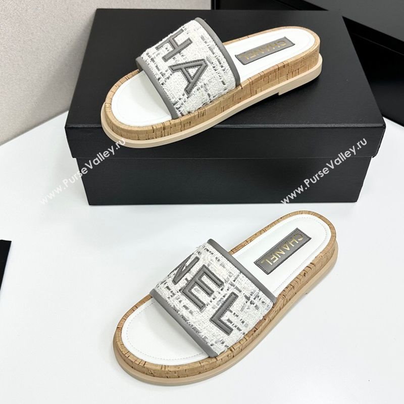 Chanel Tweed Flat Slides Sandal with Letters Grey 2025 CH030303 (MD-250303009)
