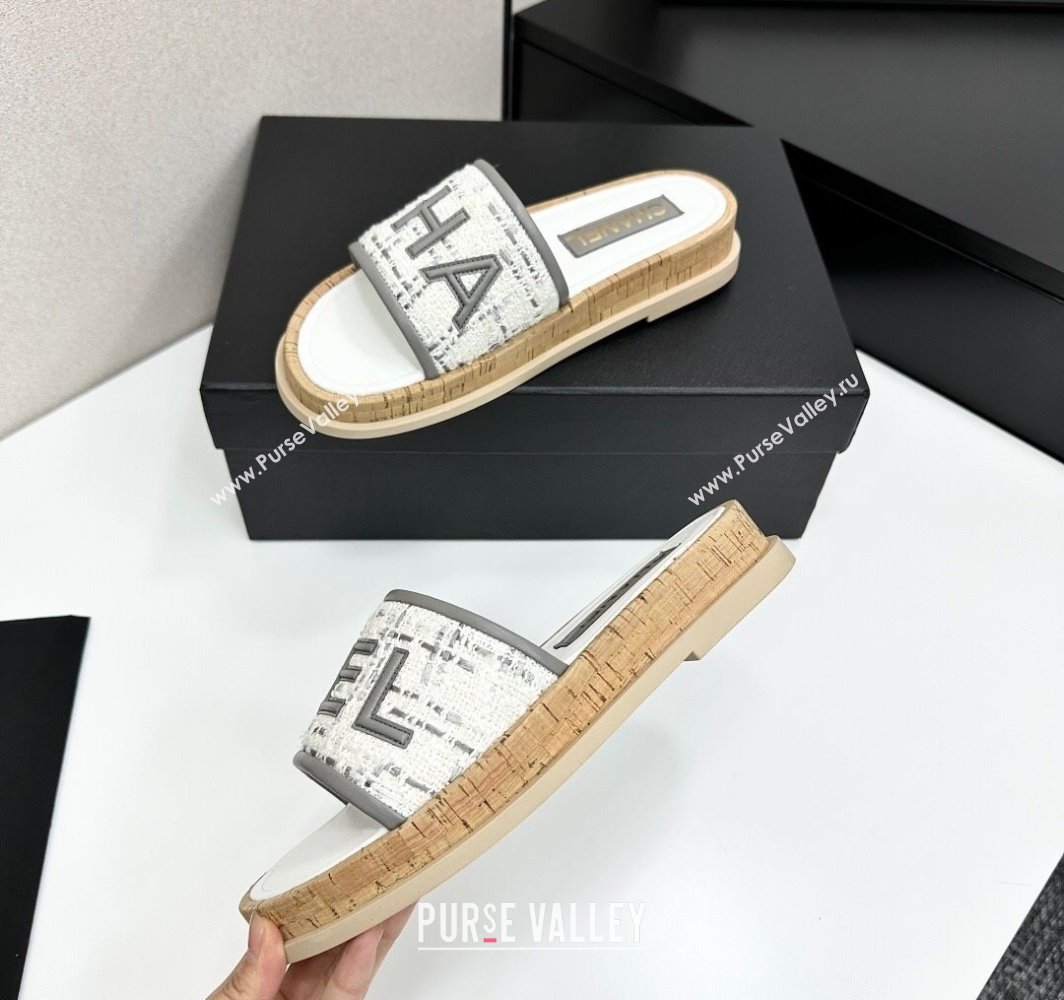 Chanel Tweed Flat Slides Sandal with Letters Grey 2025 CH030303 (MD-250303009)