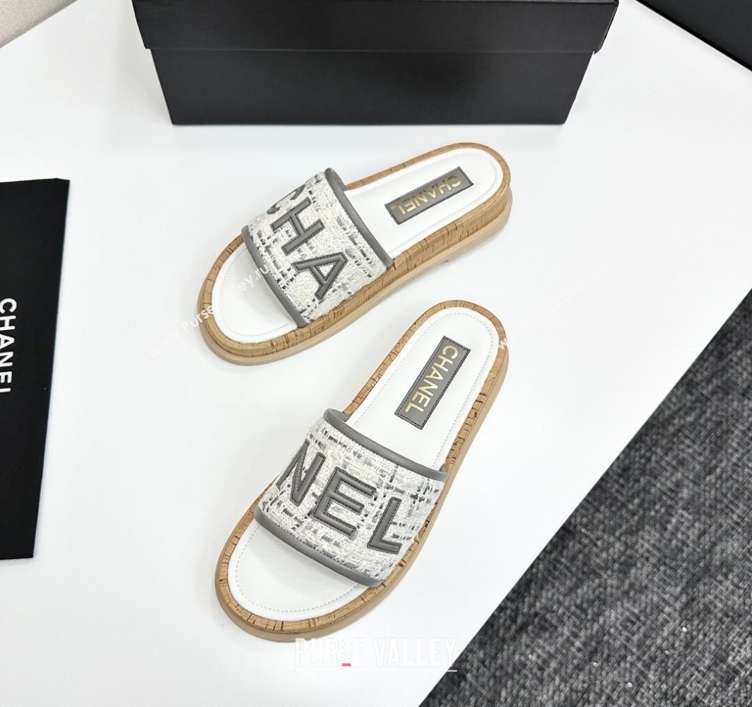 Chanel Tweed Flat Slides Sandal with Letters Grey 2025 CH030303 (MD-250303009)