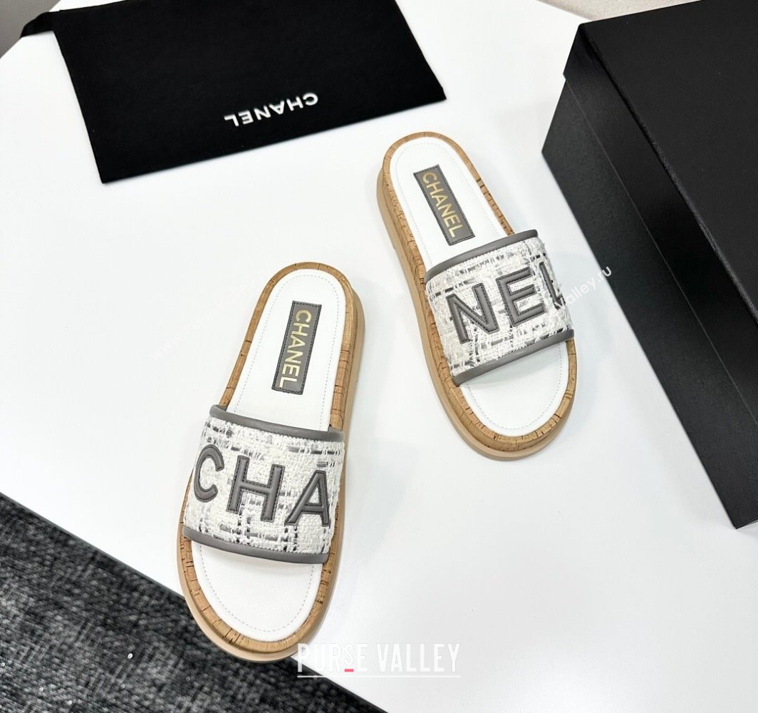 Chanel Tweed Flat Slides Sandal with Letters Grey 2025 CH030303 (MD-250303009)