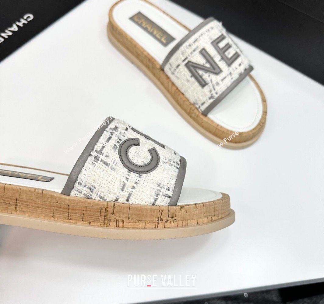 Chanel Tweed Flat Slides Sandal with Letters Grey 2025 CH030303 (MD-250303009)