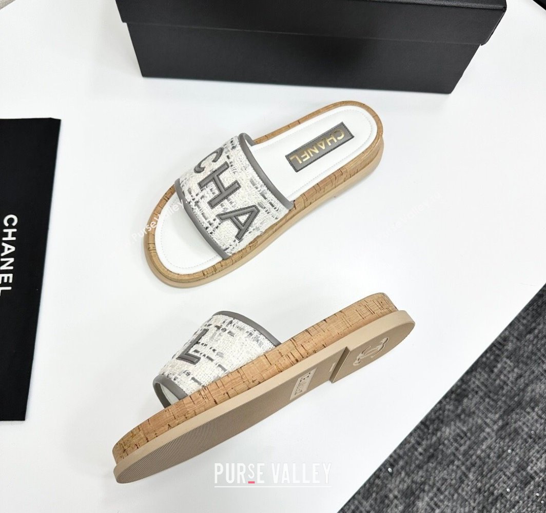 Chanel Tweed Flat Slides Sandal with Letters Grey 2025 CH030303 (MD-250303009)