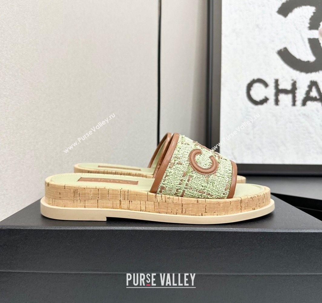 Chanel Tweed Flat Slides Sandal with Letters Green/Brown 2025 CH030303 (MD-250303010)