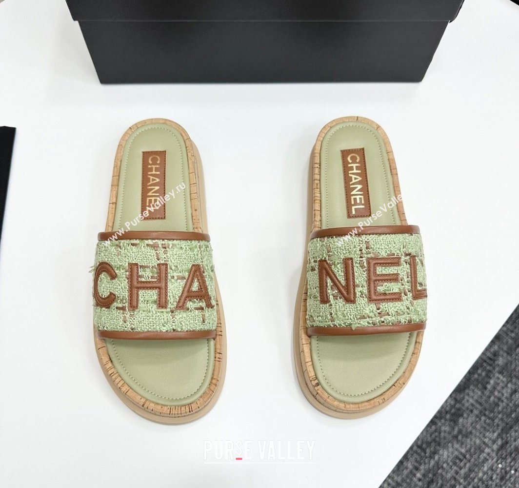 Chanel Tweed Flat Slides Sandal with Letters Green/Brown 2025 CH030303 (MD-250303010)