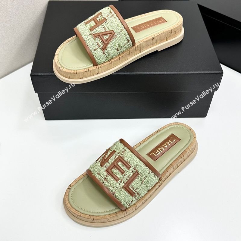 Chanel Tweed Flat Slides Sandal with Letters Green/Brown 2025 CH030303 (MD-250303010)