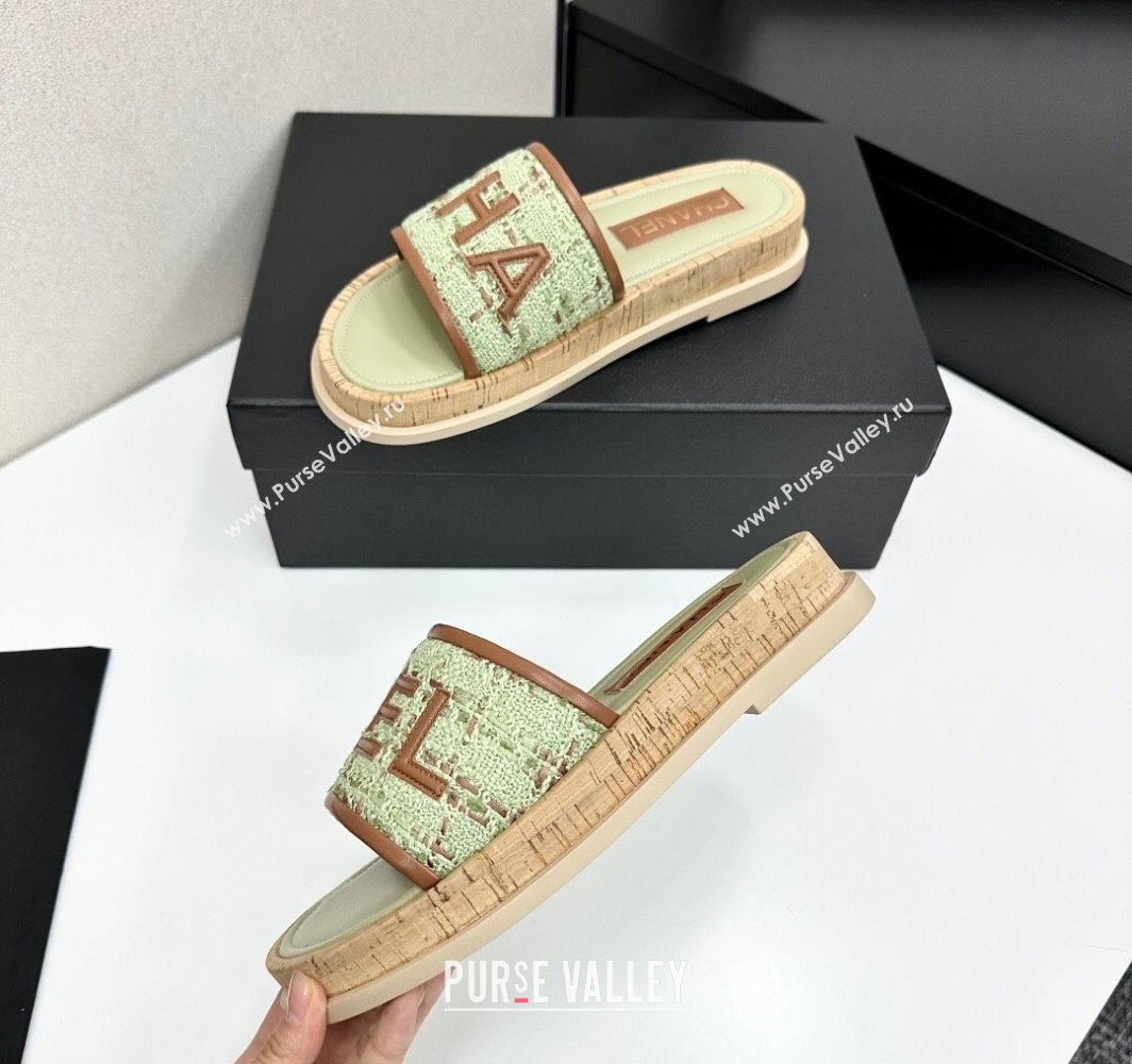 Chanel Tweed Flat Slides Sandal with Letters Green/Brown 2025 CH030303 (MD-250303010)
