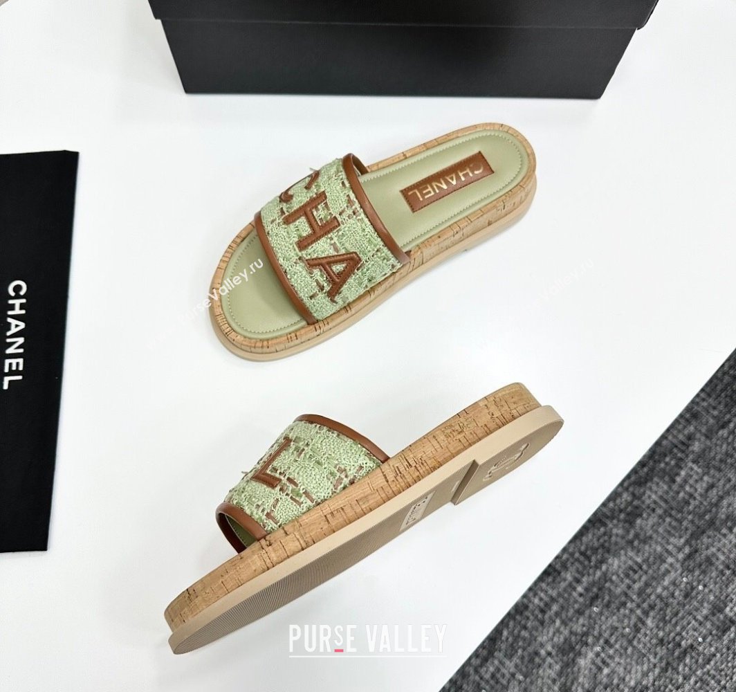 Chanel Tweed Flat Slides Sandal with Letters Green/Brown 2025 CH030303 (MD-250303010)