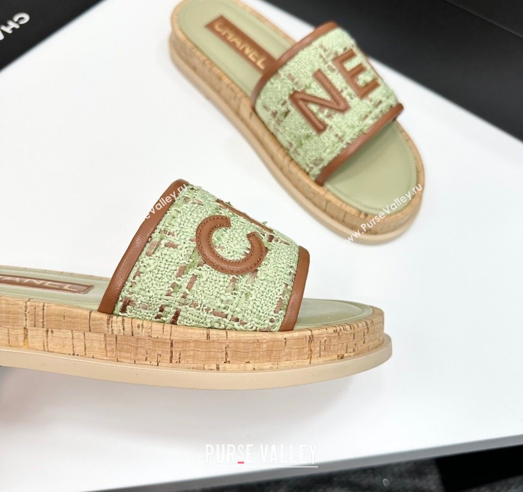 Chanel Tweed Flat Slides Sandal with Letters Green/Brown 2025 CH030303 (MD-250303010)