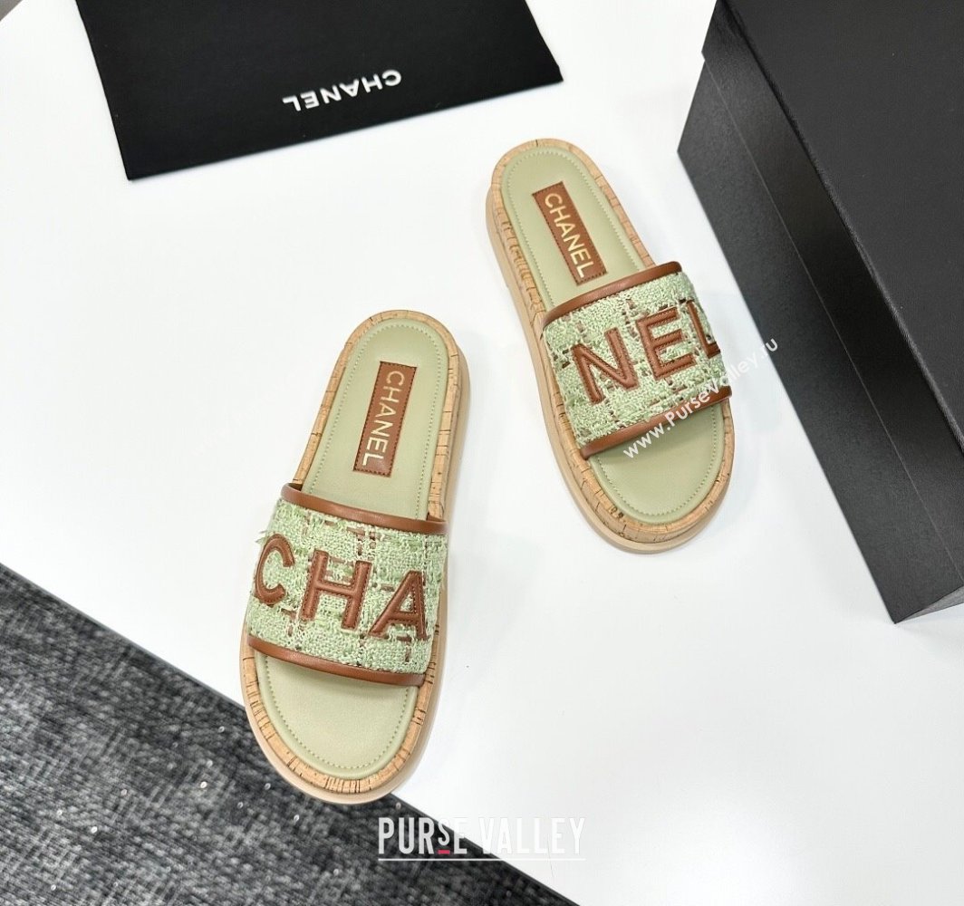Chanel Tweed Flat Slides Sandal with Letters Green/Brown 2025 CH030303 (MD-250303010)