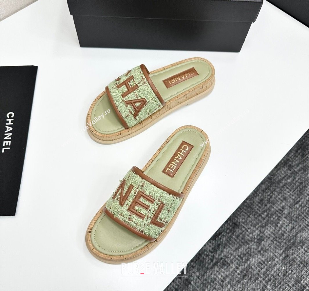 Chanel Tweed Flat Slides Sandal with Letters Green/Brown 2025 CH030303 (MD-250303010)