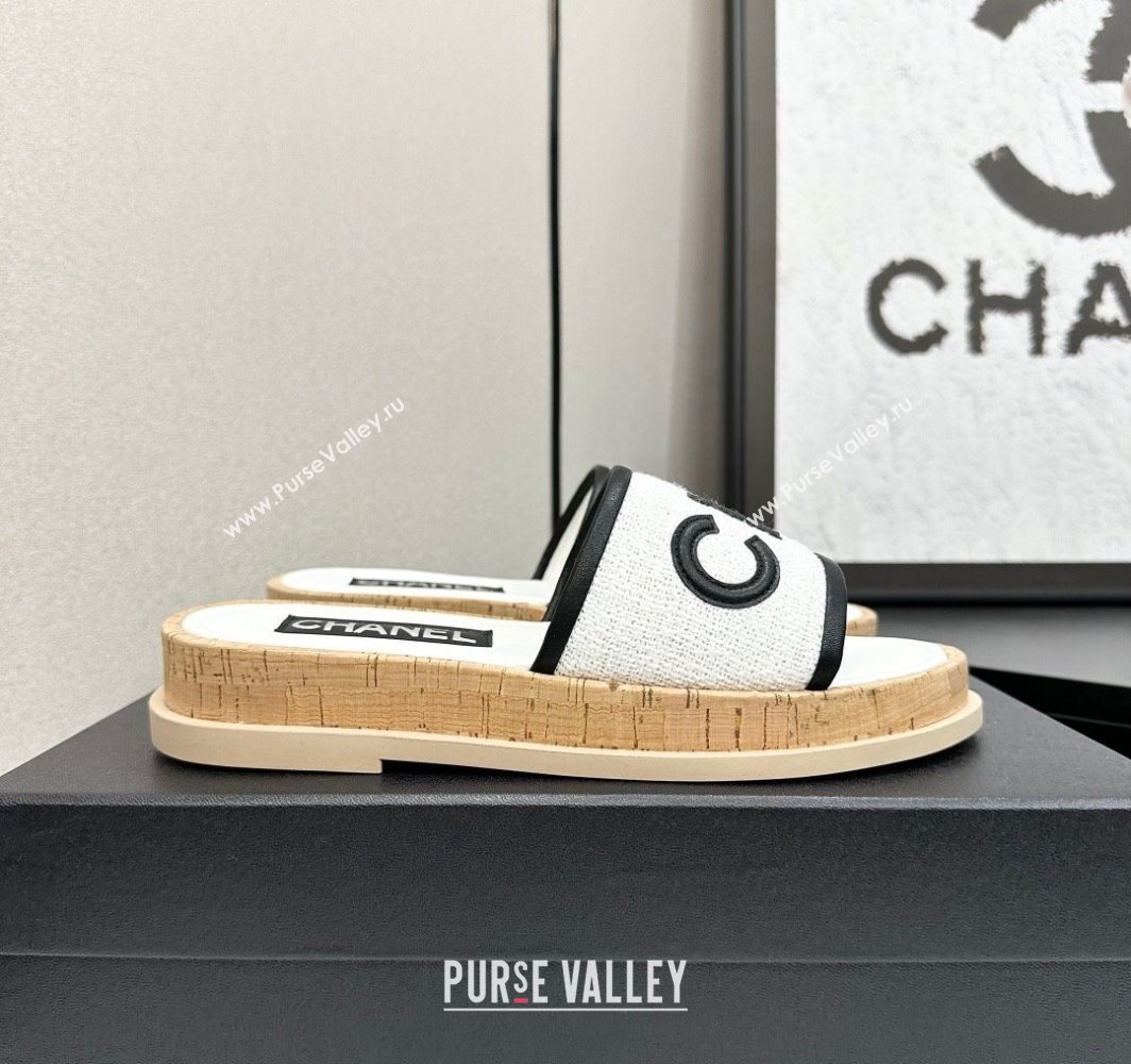 Chanel Tweed Flat Slides Sandal with Letters White2 2025 CH030303 (MD-250303011)