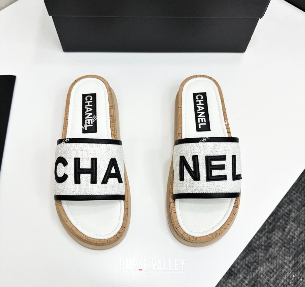 Chanel Tweed Flat Slides Sandal with Letters White2 2025 CH030303 (MD-250303011)