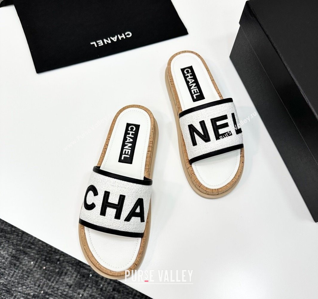 Chanel Tweed Flat Slides Sandal with Letters White2 2025 CH030303 (MD-250303011)