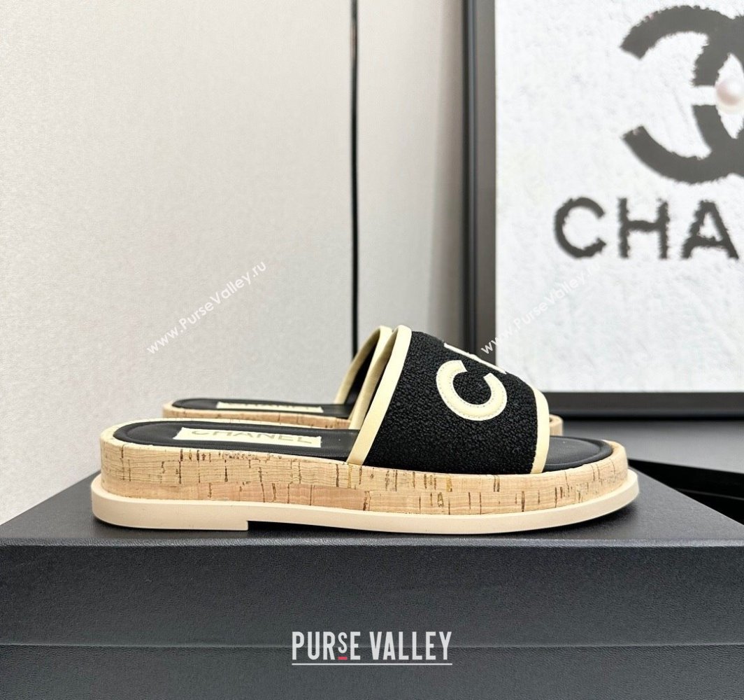 Chanel Tweed Flat Slides Sandal with Letters Black/Yellow 2025 CH030303 (MD-250303012)