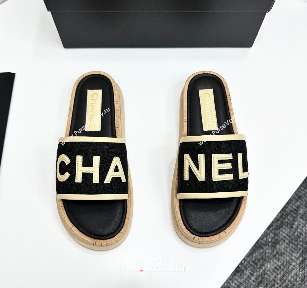 Chanel Tweed Flat Slides Sandal with Letters Black/Yellow 2025 CH030303 (MD-250303012)